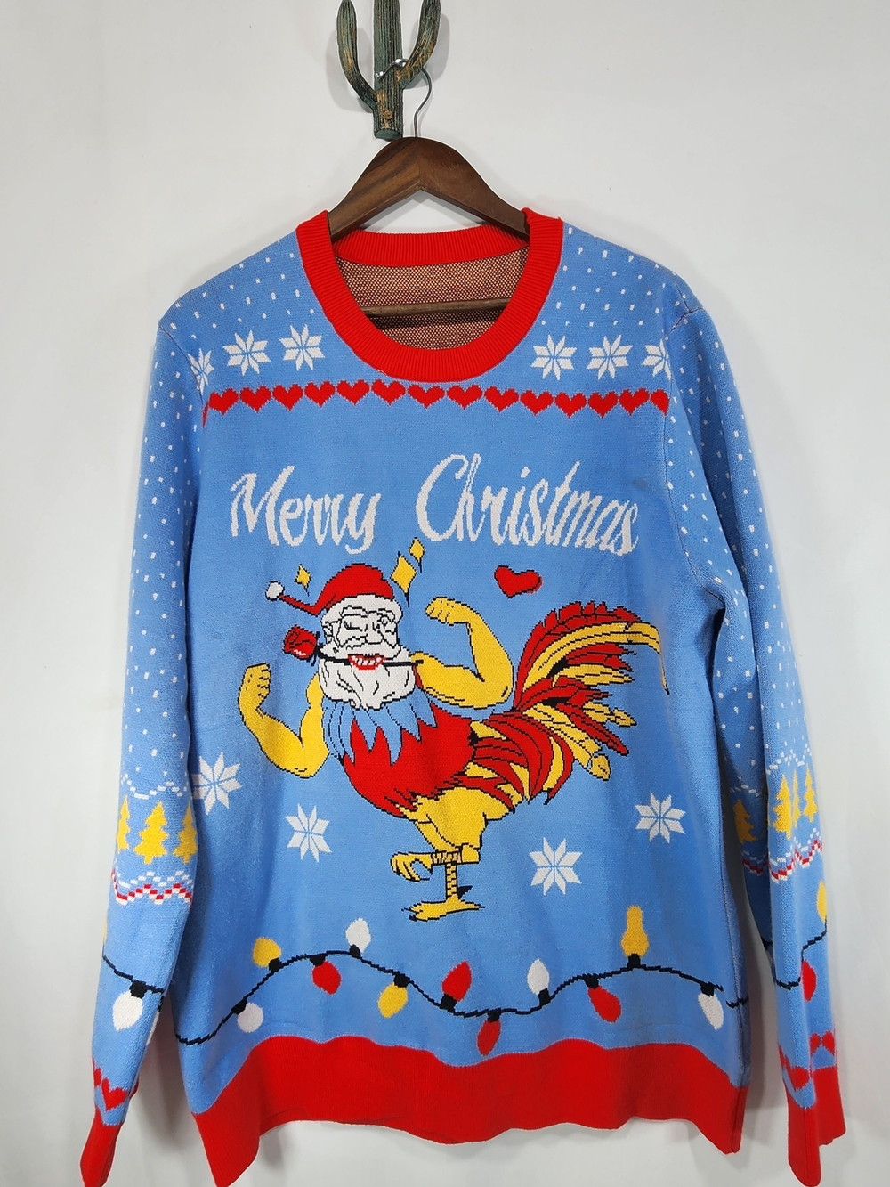 Runhit Unisex Muscle Chicken Santa Ugly Christmas Sweater Light Blue Size M/L